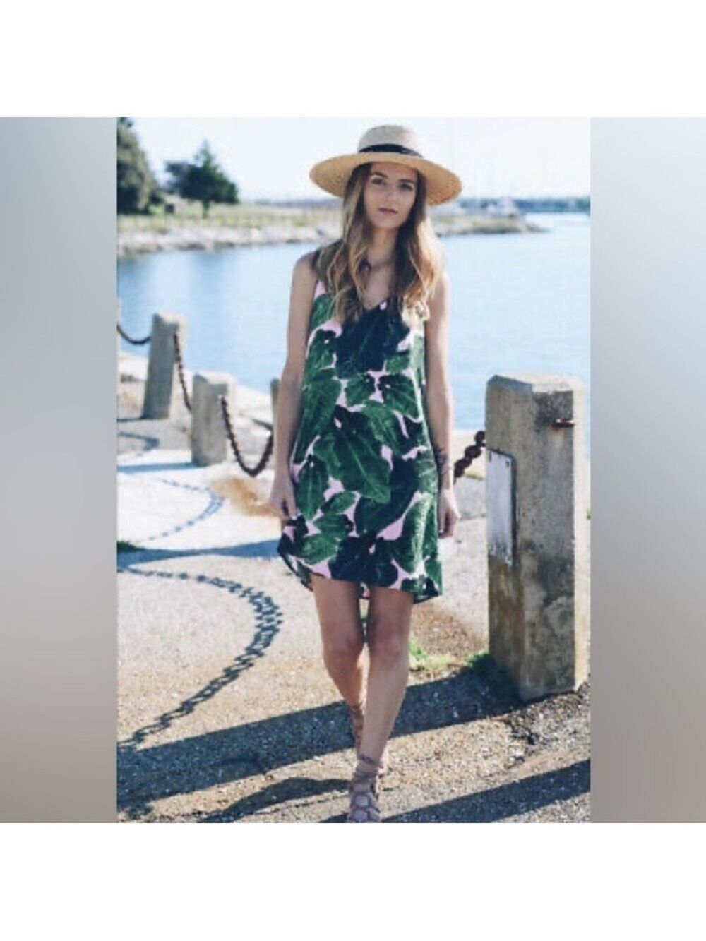 TOPSHOP Tropical Leaves Print Cami Slip Dress Summer Breezy Boho Green Pink 2